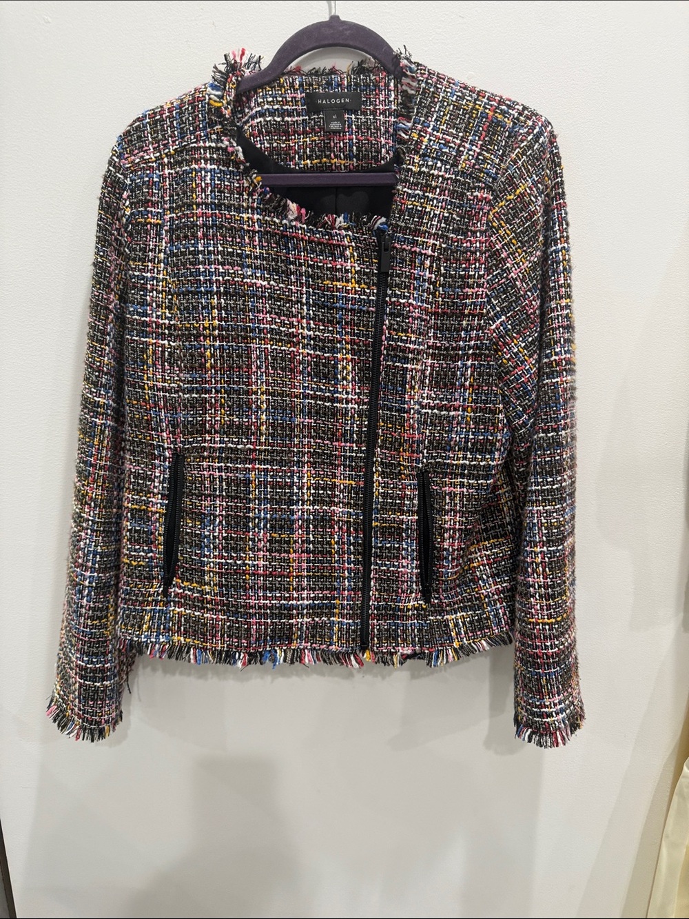 Halogen Multicolor Tweed Fringe Zip Jacket in Black Mix